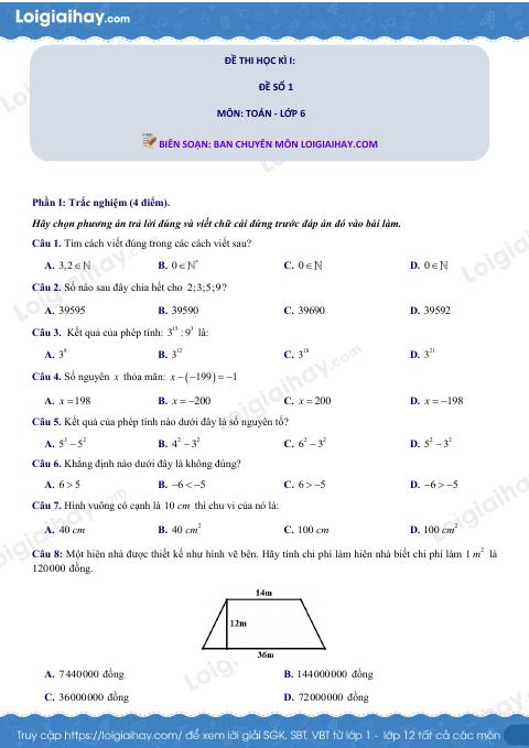 Đề thi học kì 1 Toán 6 - Đề số 1